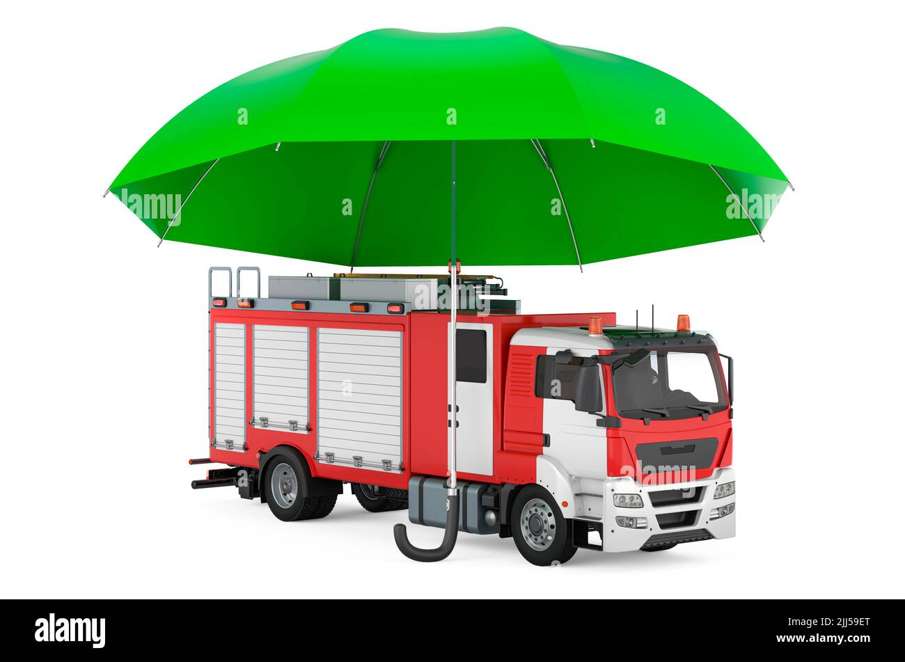 Fire truck under umbrella, 3D rendering isolated on white background Stock Photo