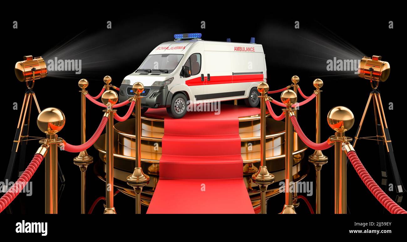 Podium with ambulance van. 3D rendering isolated on black background Stock Photo