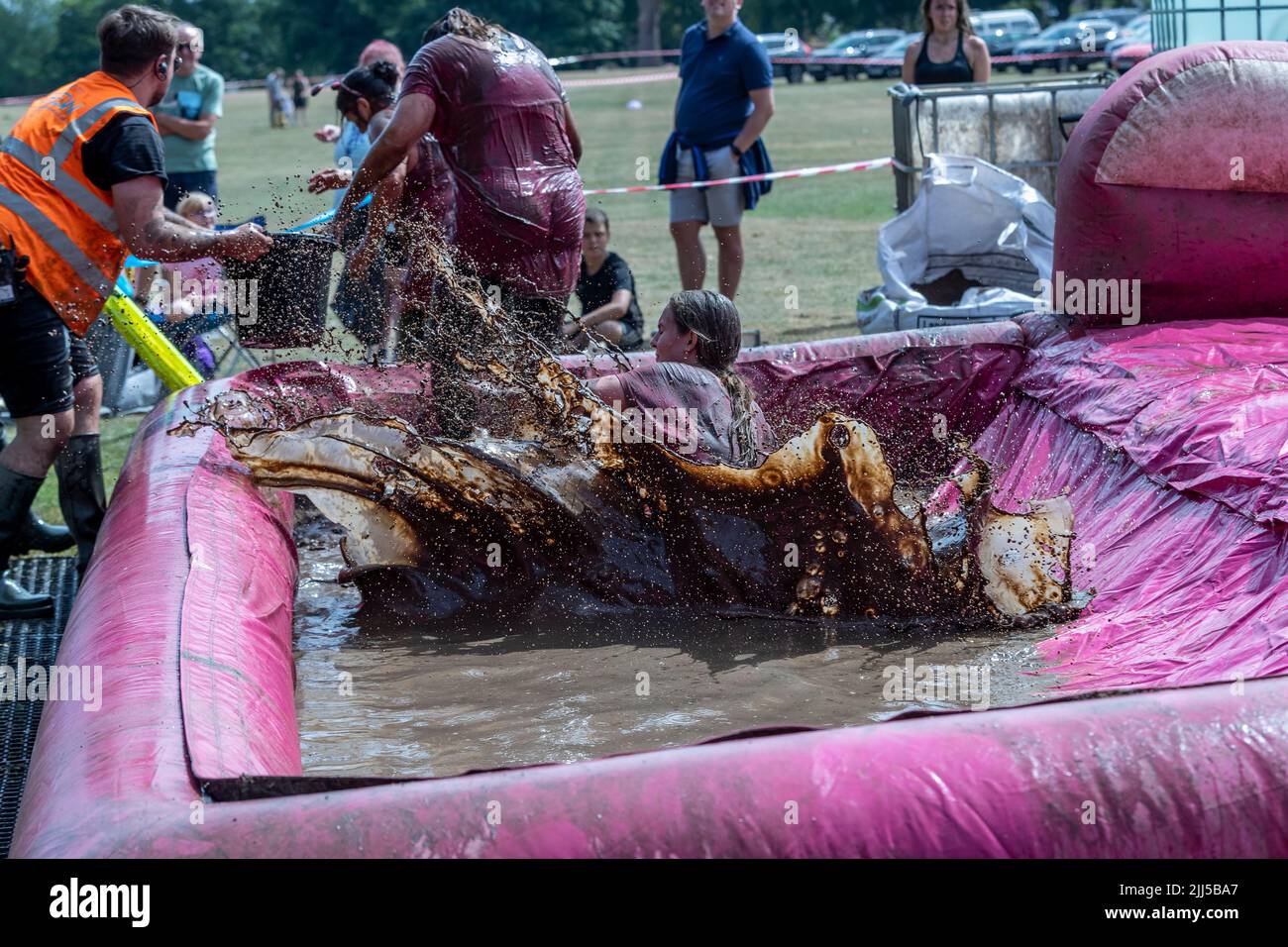 Abington Park, Northampton, UK. 23rd July 2022. Race for Life Pretty Muddy, raising funds for Cancer Research, a  obstacle route which meanders through the very scenic Abington Park. Credit: Keith J Smith./Alamy Live News. Stock Photo
