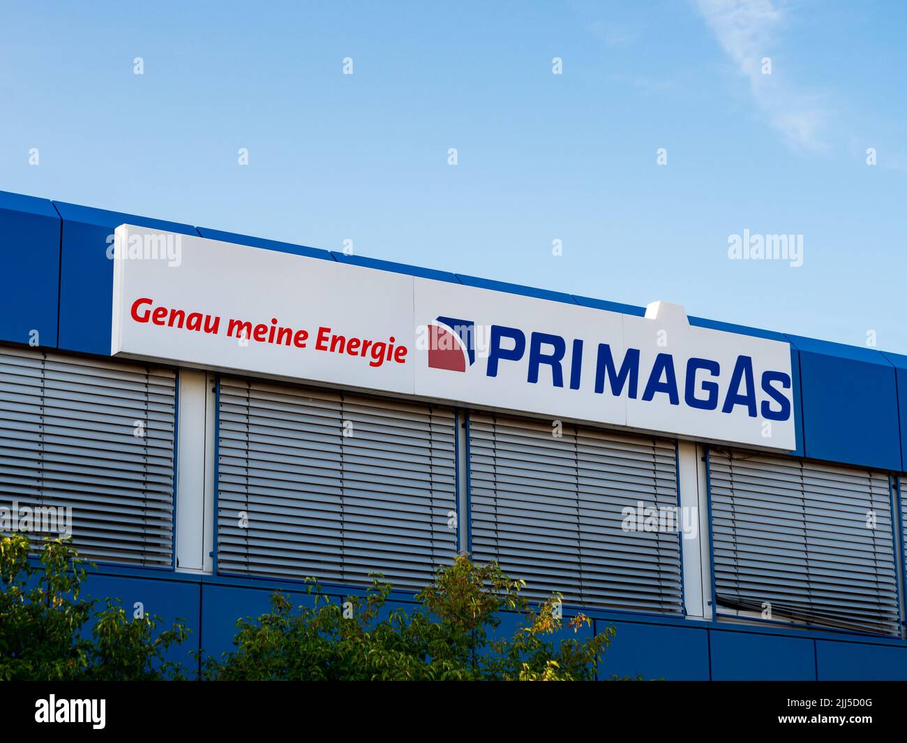 Primagas energy company in Saxony. Business with liquid gas in Germany. The big logo in on the building exterior. Facade of the office house. Stock Photo