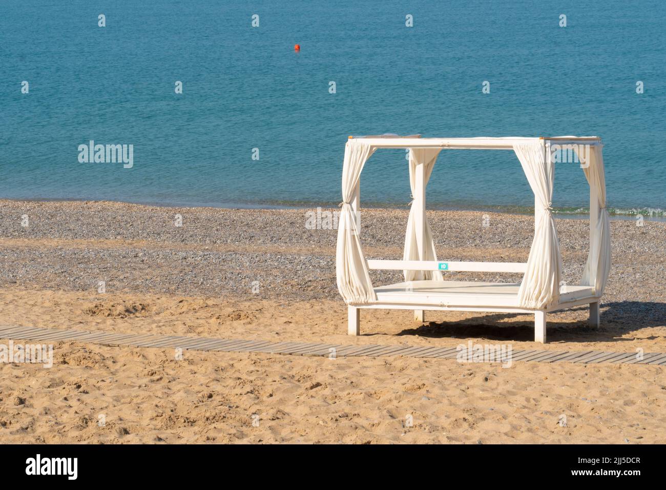 Shed beach travel vacation tropical sea resort holiday lounge luxury, from sand white in chair and water sunbed, relax coast. Thailand people nobody, Stock Photo