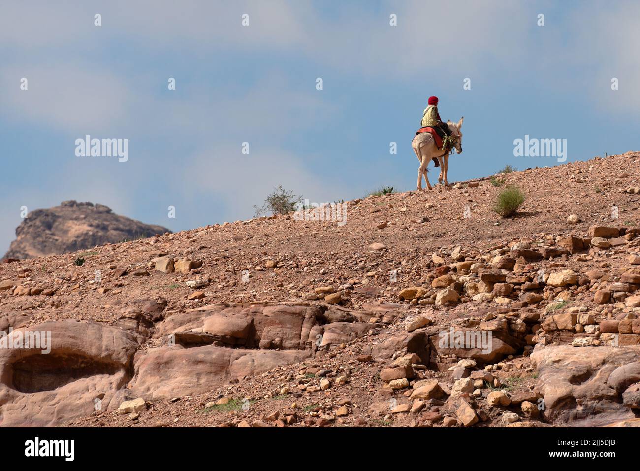Jordanian woman on her donkey moves up to the hill in Petra, Jordan Stock Photo