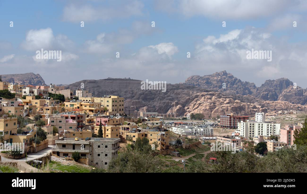 Cityscape of Wadi Musa, Jordan. It is the nearest town to the archaeological site of Petra and hosts many hotels and restaurants Stock Photo
