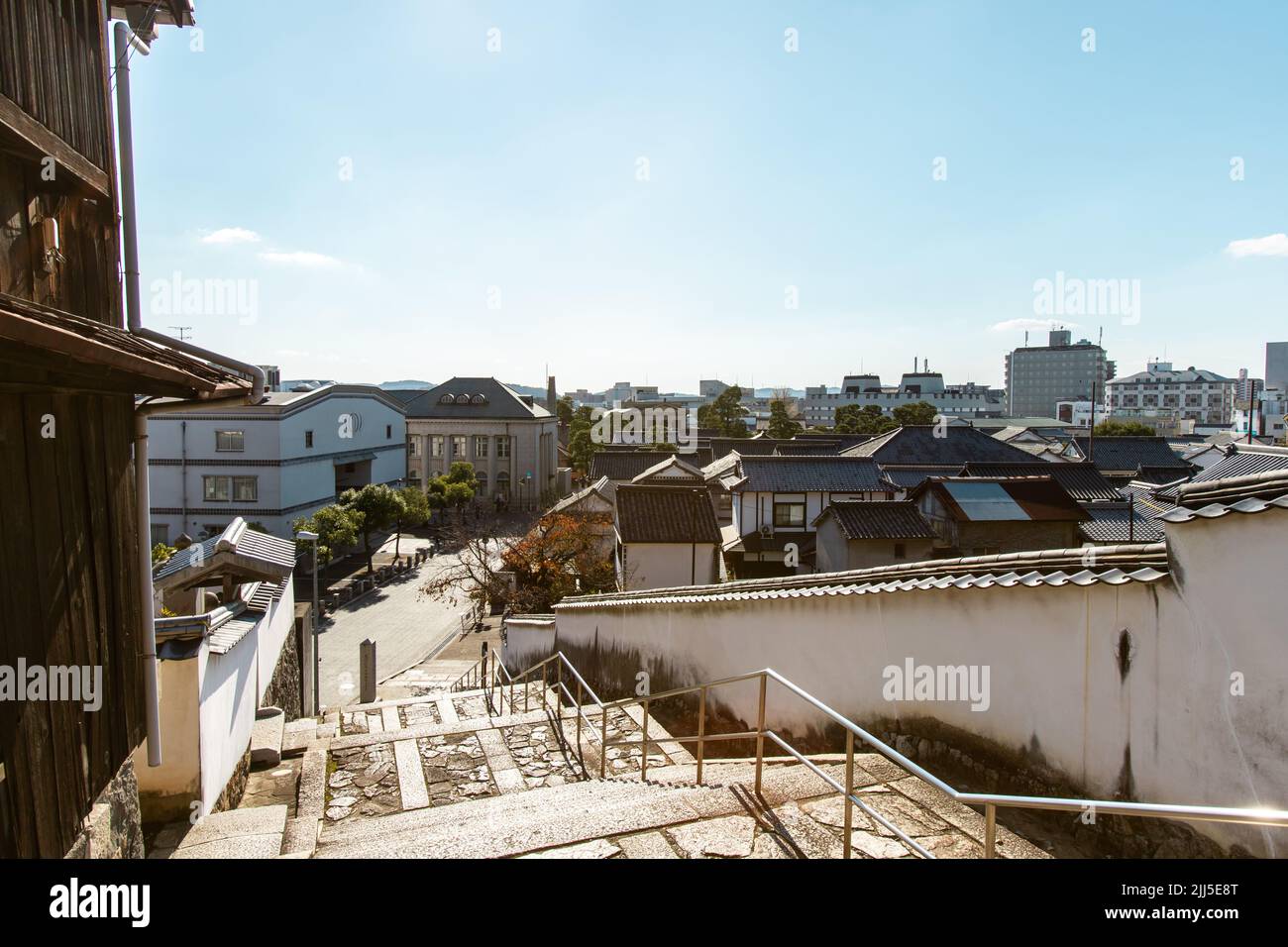 Kurashiki, Okayama, JAPAN - Dec 2 2021 : Cityscape of Kurashiki bikan historical quarter area from the hill (Tsurugatayama or Achi-zan) in a retro nos Stock Photo
