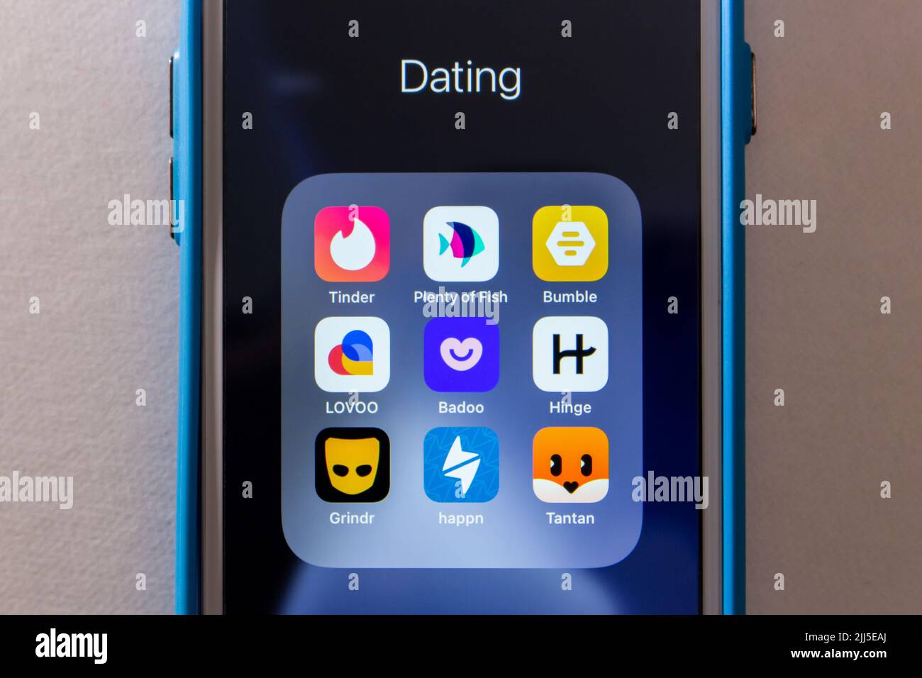 Kumamoto, JAPAN - Jun 27 2022 : Closeup popular dating apps Tinder, Plenty of Fish, Bumble app, LOVOO, Badoo, Hinge app, Grindr, Happn and Tantan on a Stock Photo