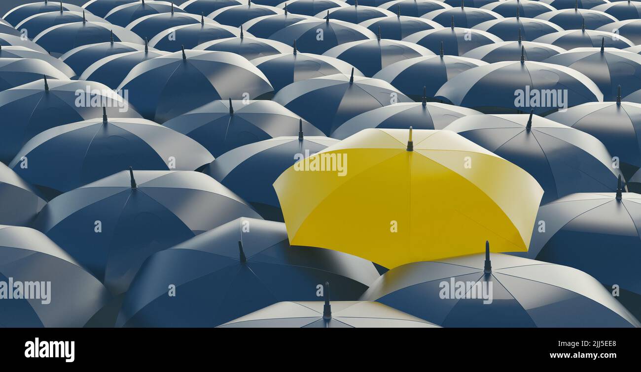 Yellow umbrella on top of other gray umbrellas on city background. Business and safety concept Stock Photo