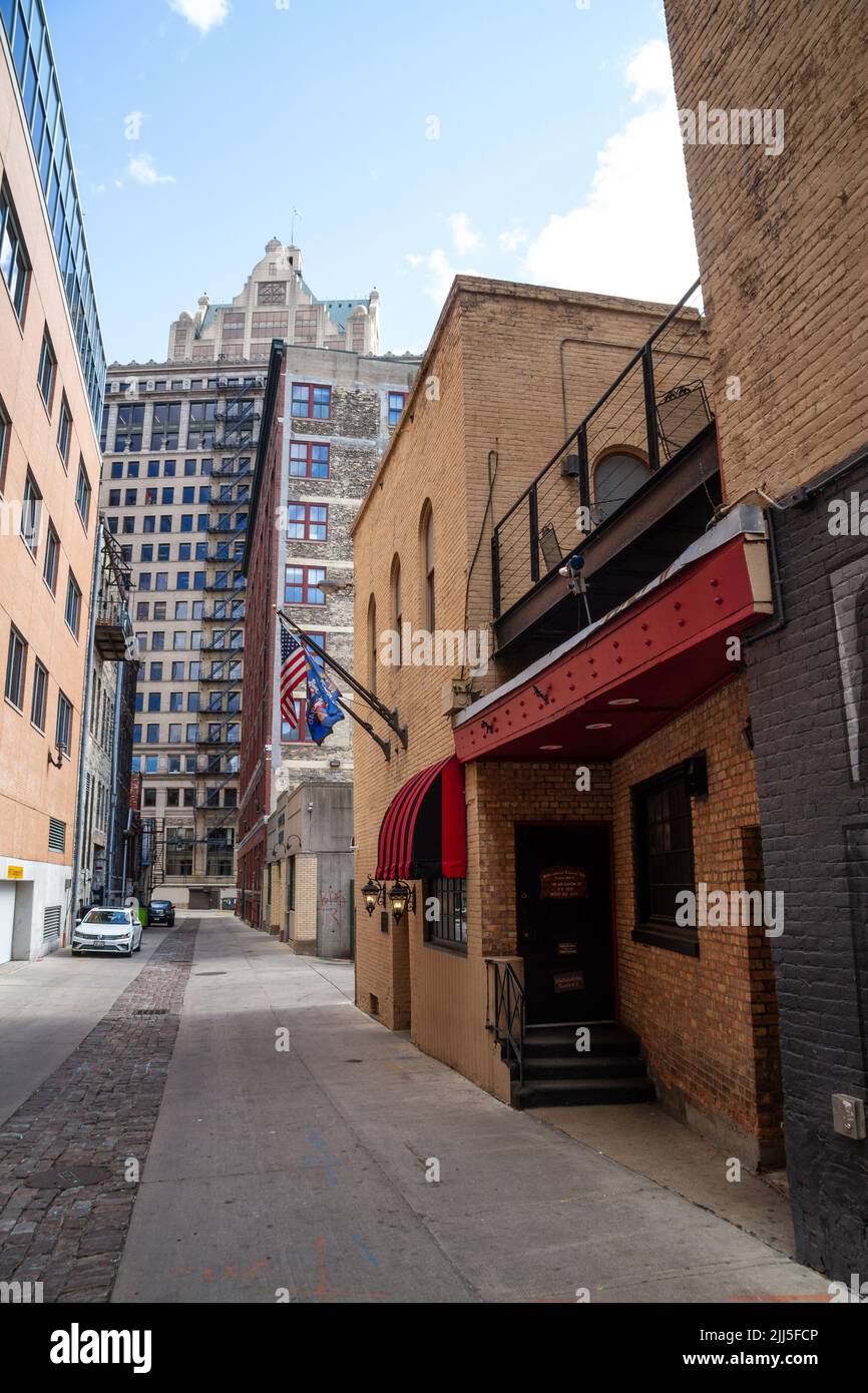 Milwaukee, WI, USA April 19 2022: Safehouse Restaurant and Spy Bar entrance on Front Street in downtown Milwaukee, Wisconsin. Stock Photo