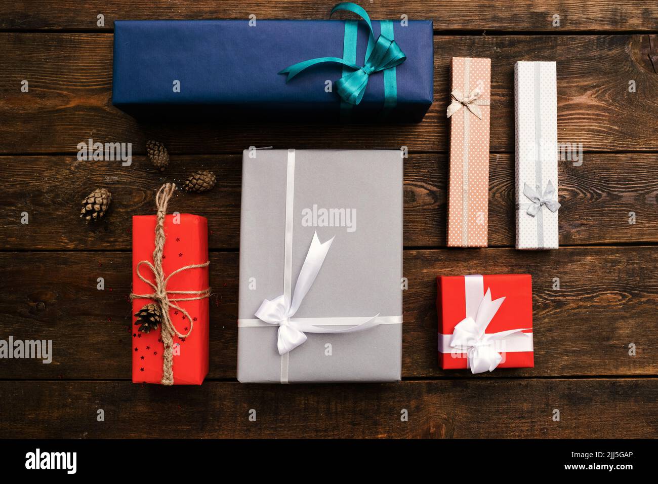gift order composition holidays wooden background Stock Photo - Alamy