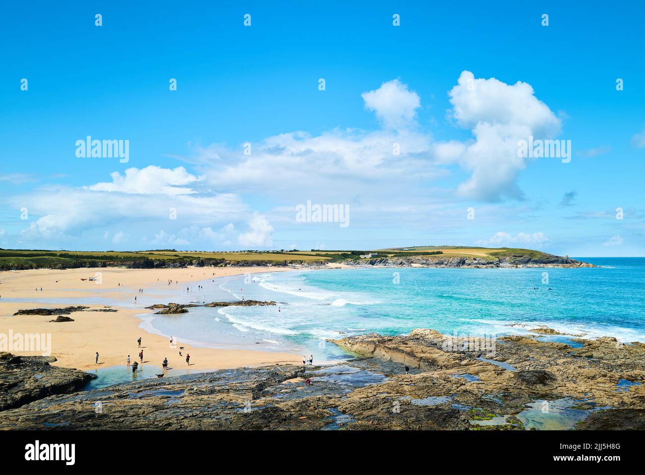 People on the sandy beach at Harlyn Bay, Cornwall, England Stock Photo ...
