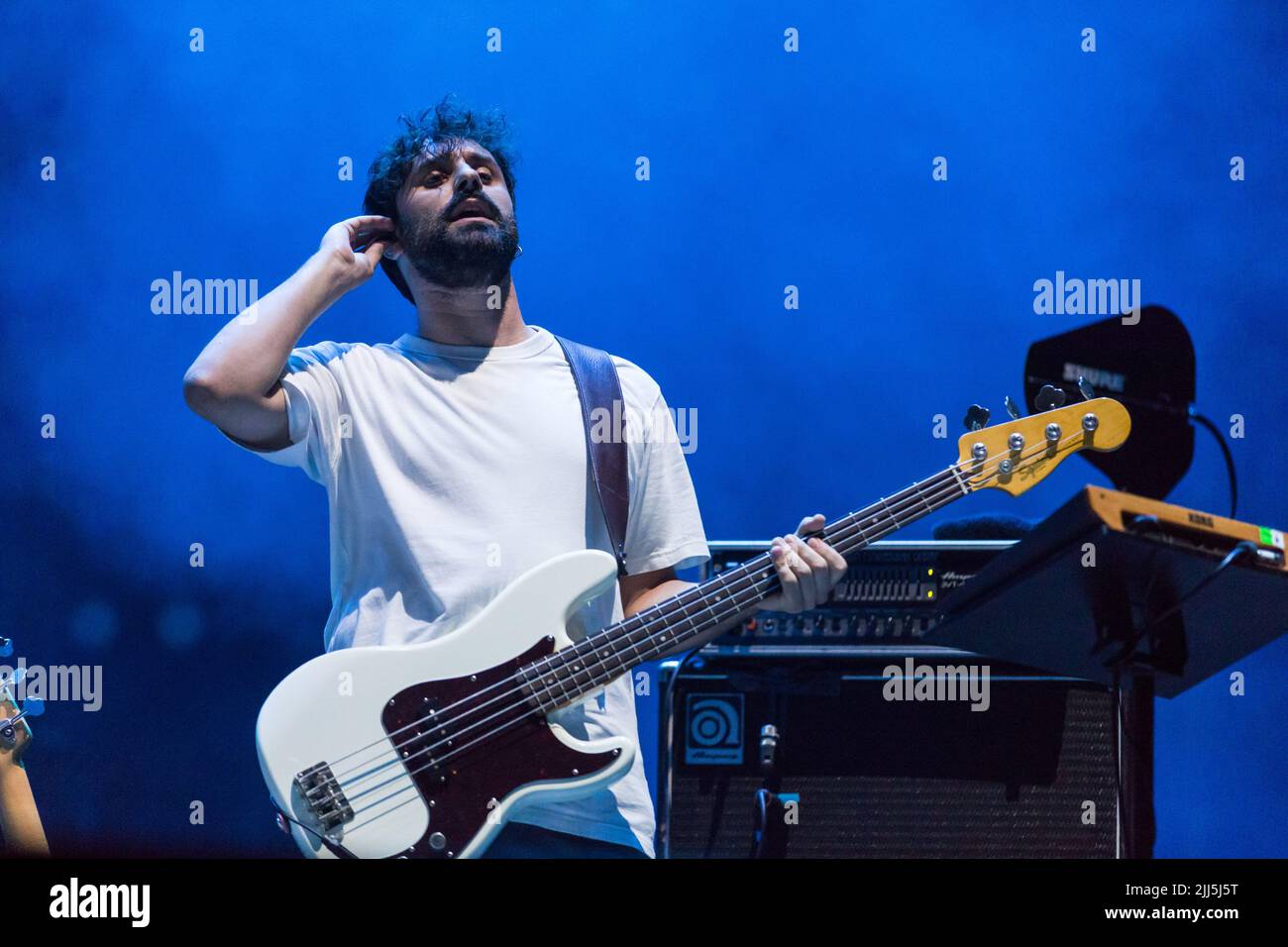 Rock in Roma, Rome, Italy, July 22, 2022, Bass player Gabriele Roia  during  Gazzelle - Italian singer Music Concert Stock Photo