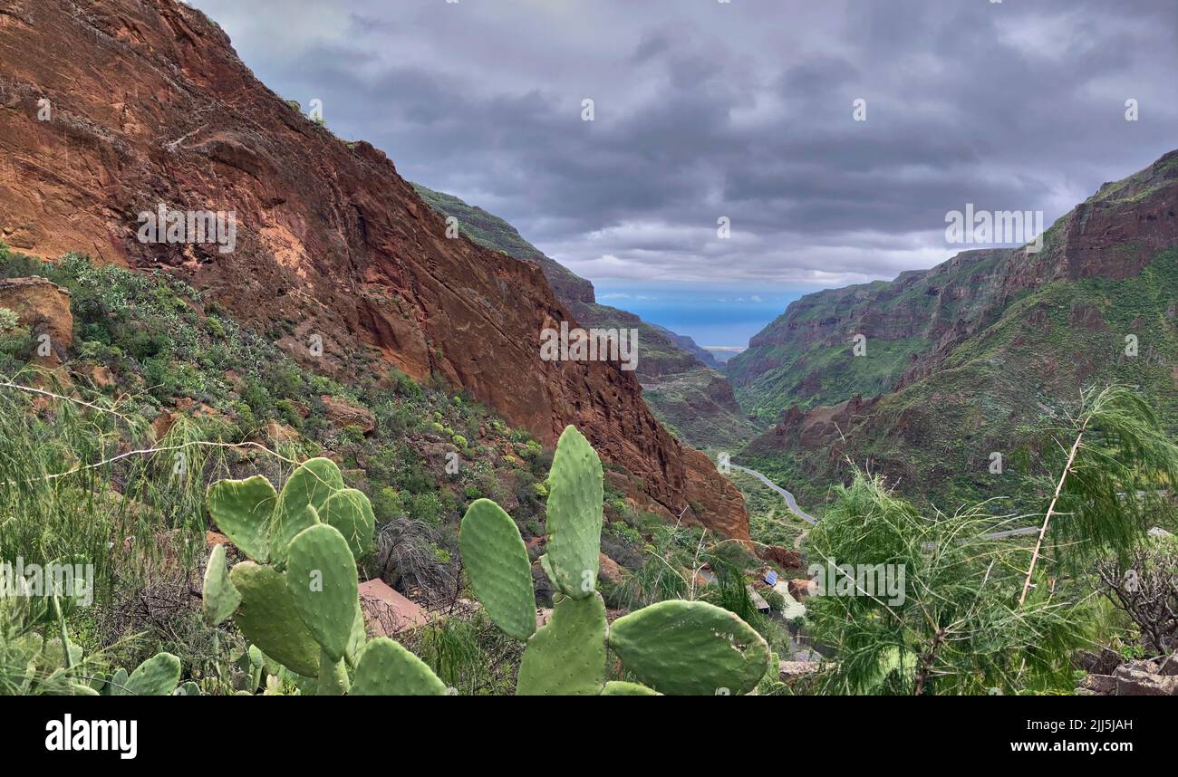 Spain, Gran Canaria, Cloudy sky over Guayadeque Ravine in summer Stock Photo