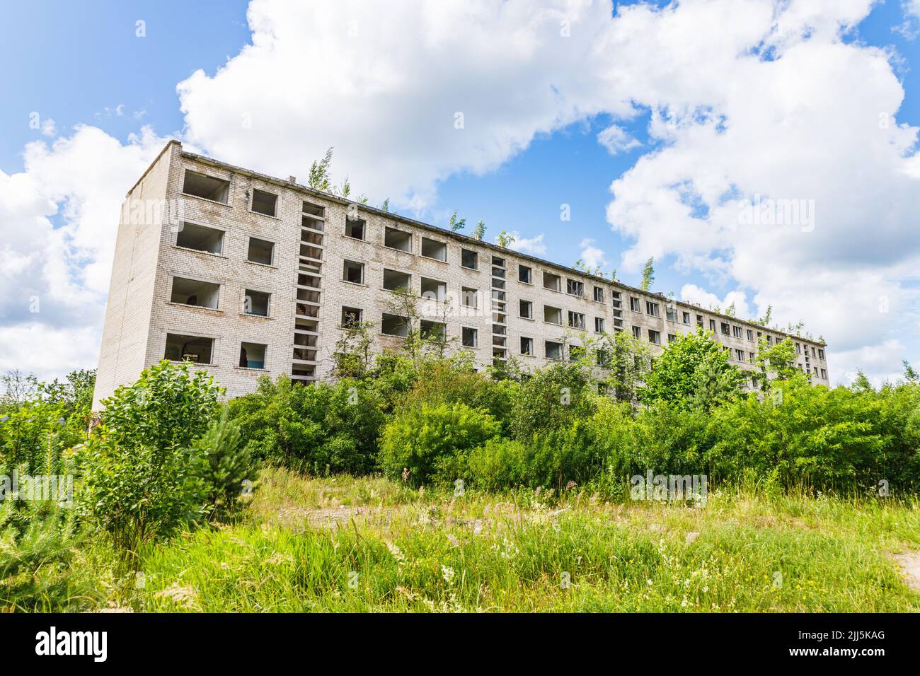 Abandoned secret Soviet Union military ghost town Irbene in Latvia Stock Photo