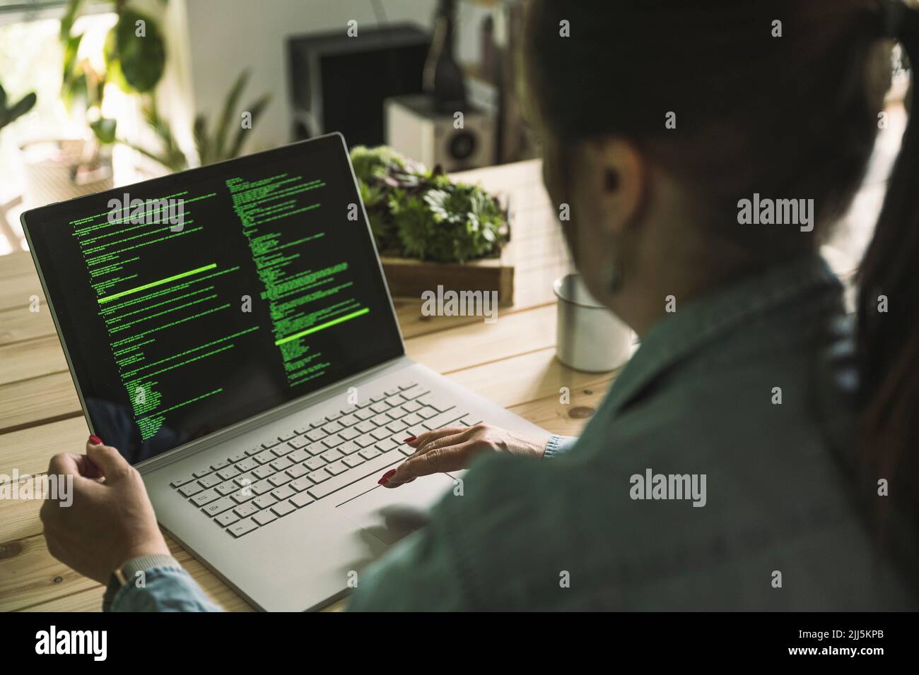 Freelancer coding on laptop working at home Stock Photo