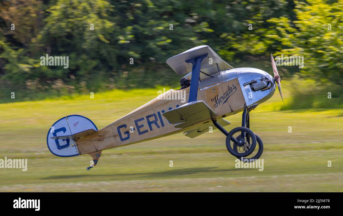 Old Warden, UK - 3rd July 2022: A 2005 Staaken Z-21 Flitzer biplane landing on grass Stock Photo