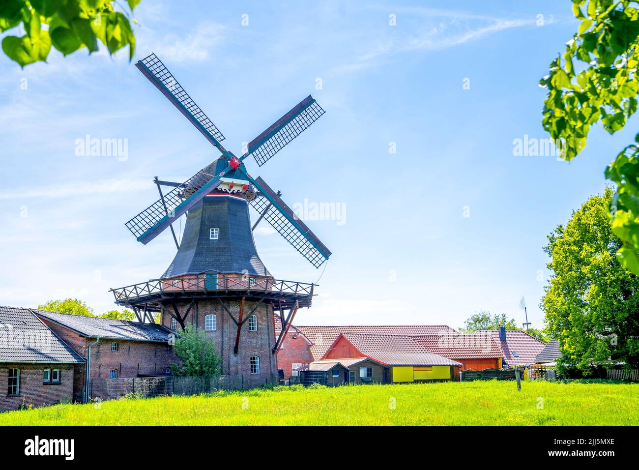 Germany, Lover Saxony, Aurich, Traditional windmill and adjacent houses in summer Stock Photo