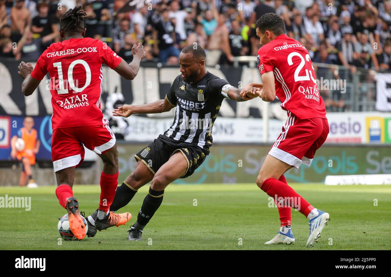 Charleroi, Belgium. 23rd July, 2022. Charleroi's Marco Ilaimaharitra and Eupen's Isaac Christie-Davies fight for the ball during a soccer match between Sporting Charleroi and KAS Eupen, Saturday 23 July 2022 in Charleroi, on day 1 of the 2022-2023 'Jupiler Pro League' first division of the Belgian championship. BELGA PHOTO VIRGINIE LEFOUR Credit: Belga News Agency/Alamy Live News Stock Photo