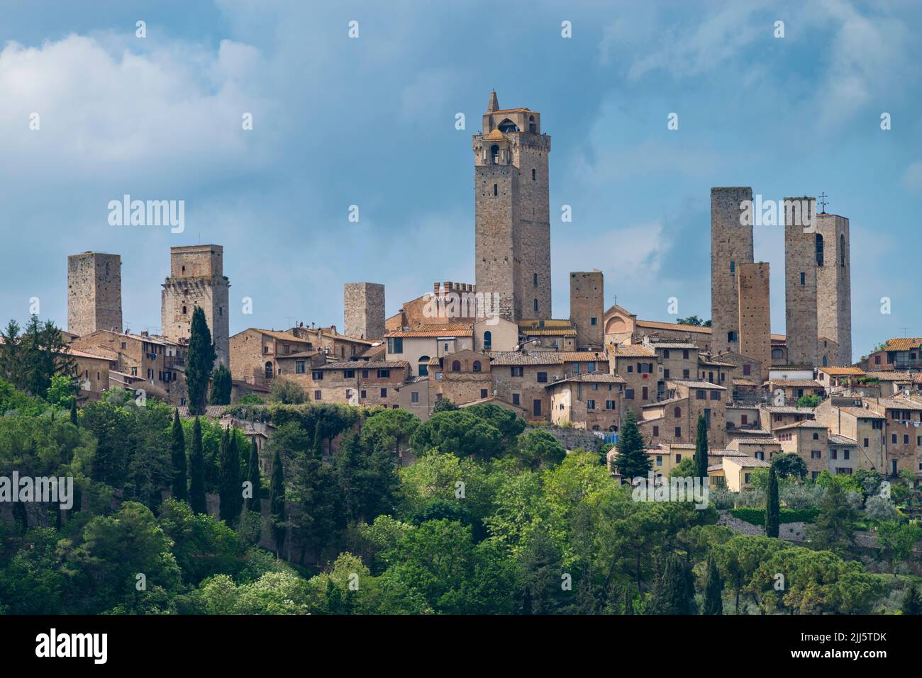 Italy, Tuscany, San Gimignano, Towers of medieval town in summer Stock Photo