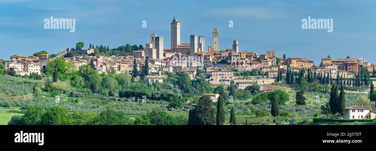 Italy, Tuscany, San Gimignano, Panoramic view of medieval town in summer Stock Photo