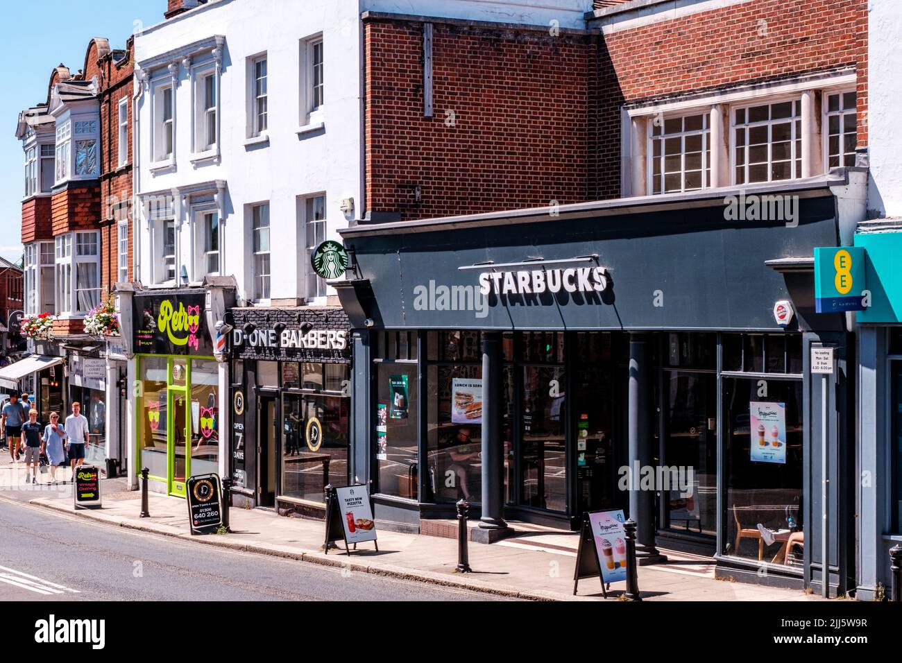 Dorking Surrey Hills UK, July 14 2022, Dorking High Street Row Or Line Of Traditional Retail Shops Or Stores Stock Photo