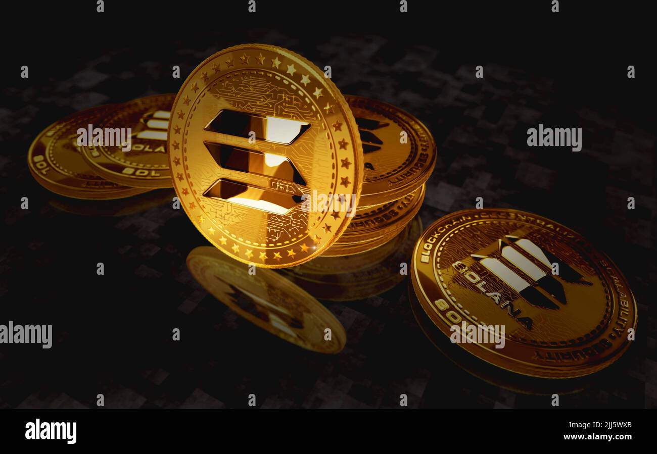 Solana SOL stablecoin cryptocurrency gold coin on green screen background. Abstract concept 3d illustration. Stock Photo
