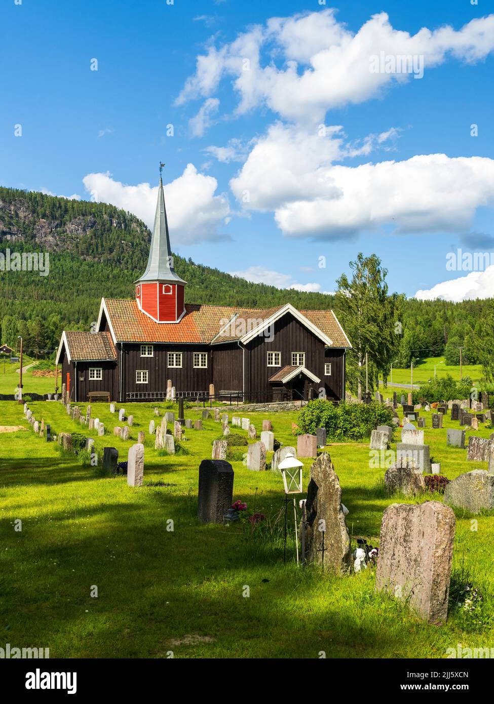 Norway, Viken, Flesberg, Cemetery in front of medieval stave church in summer Stock Photo