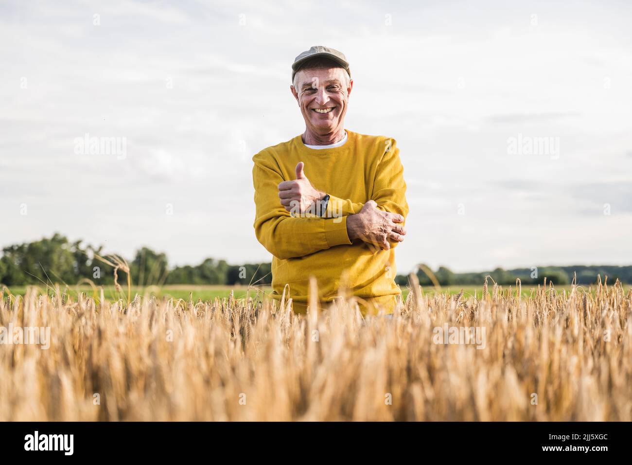 Happy farmer showing thumbs up standing in farm Stock Photo - Alamy