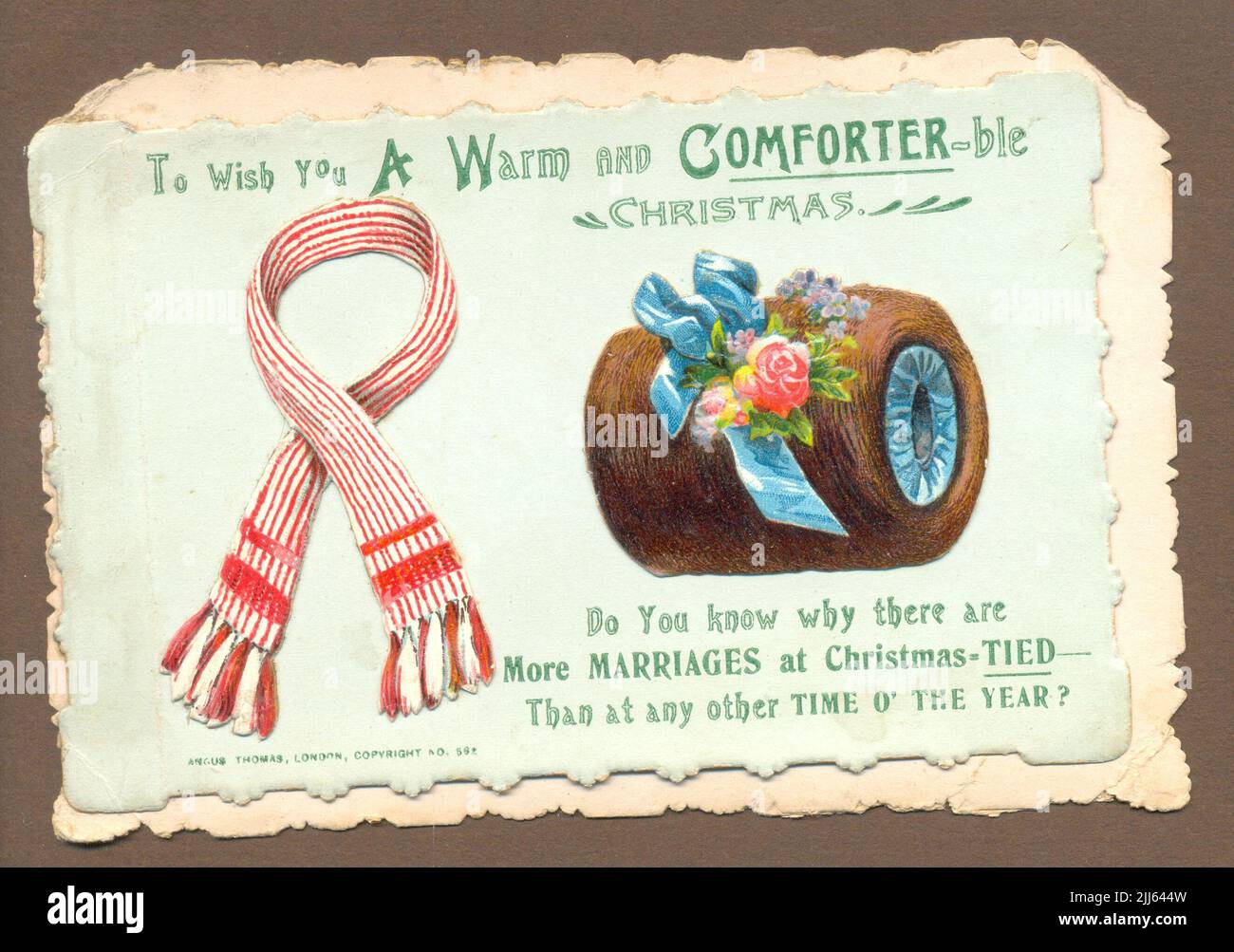 Punning two leaf Christmas greetings card printed by Angus Thomas  with die cut chromolithographed scraps on laid circa 1895 Stock Photo