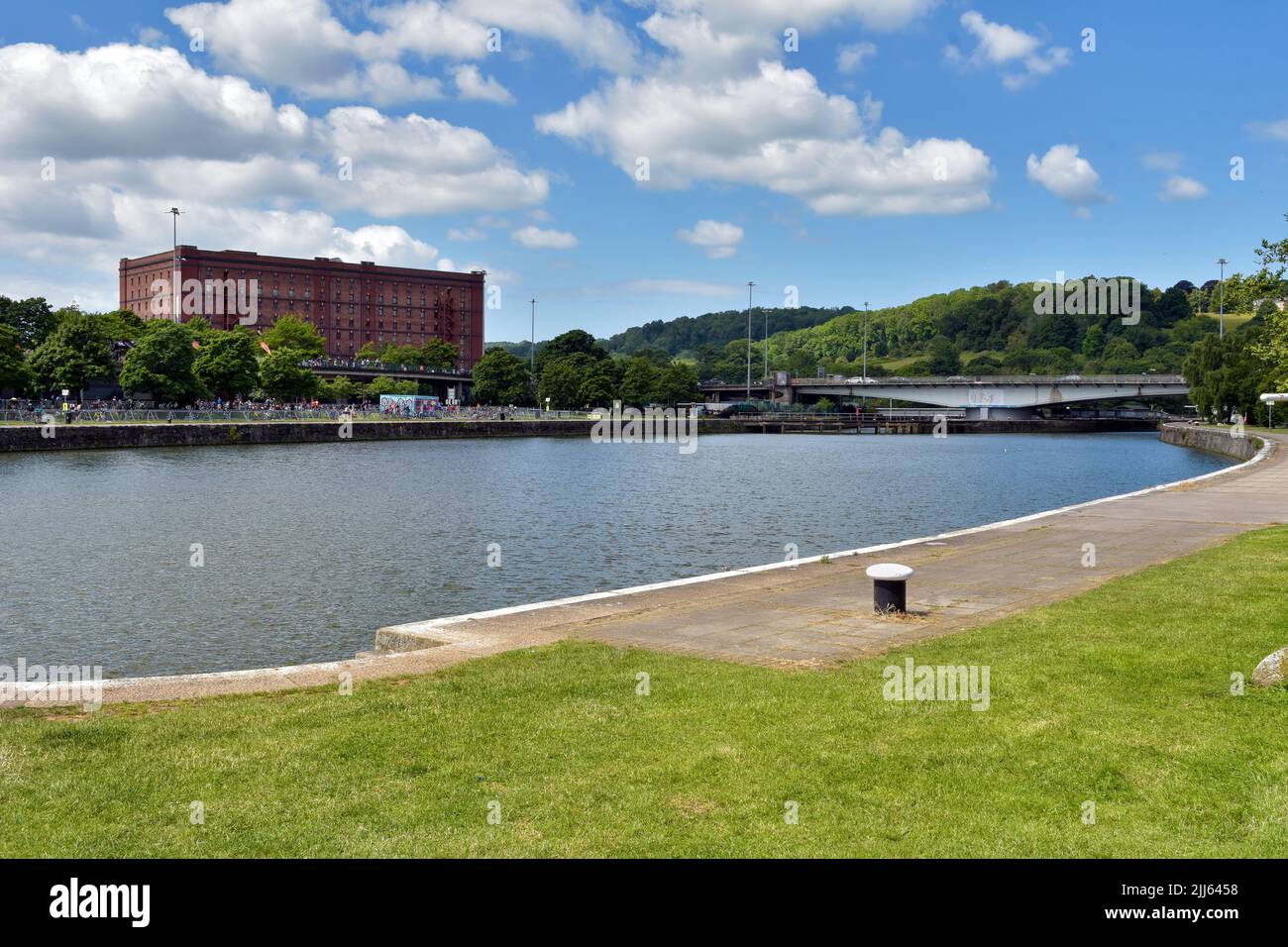 Bristol floating harbour, Cumberland Basin, Bristol on Triathlon day 12th June 2022, looking over to the transition area for the competitors Stock Photo
