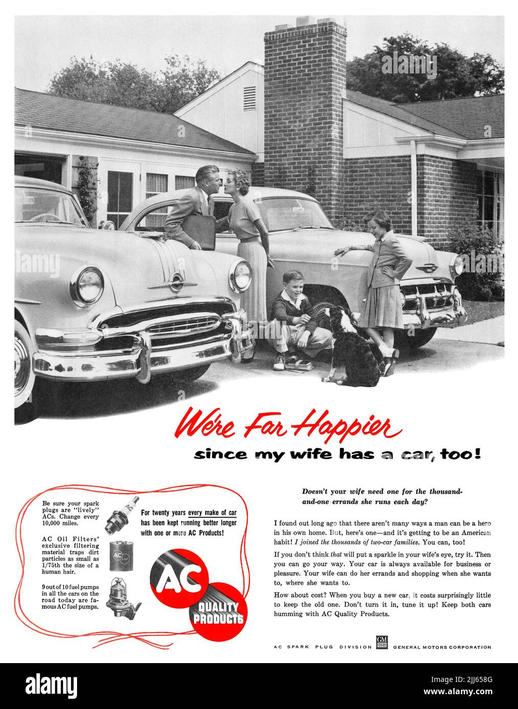 1954 U.S. advertisement for General Motors AC spark plugs, oil filters and fuel pumps. Stock Photo