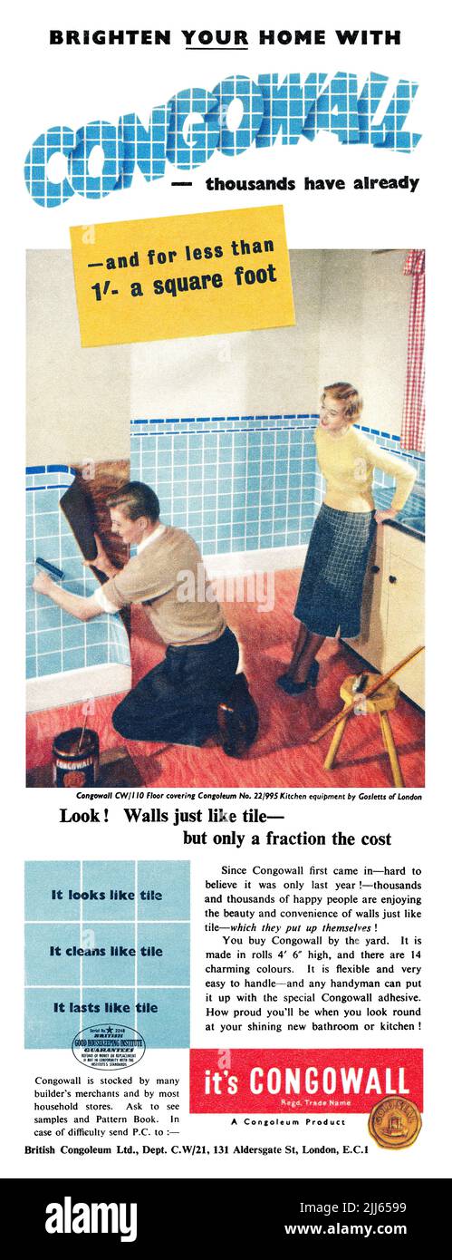 1955 British advertisement for do-it-yourself Congowall sheet tiling, and Congoleum flooring. Stock Photo