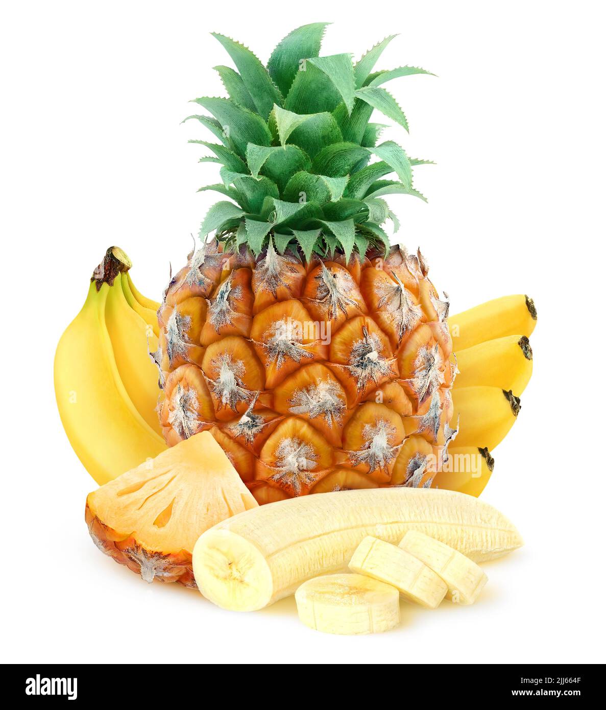 Pineapple and cut banana pieces isolated on white background Stock Photo