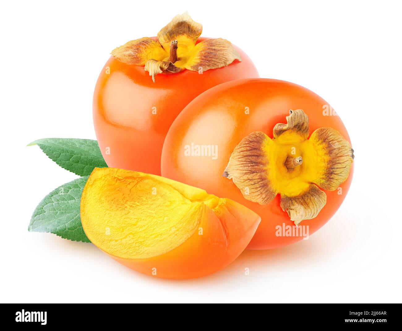 Cut kaki (persimmon) fruits isolated on white background Stock Photo