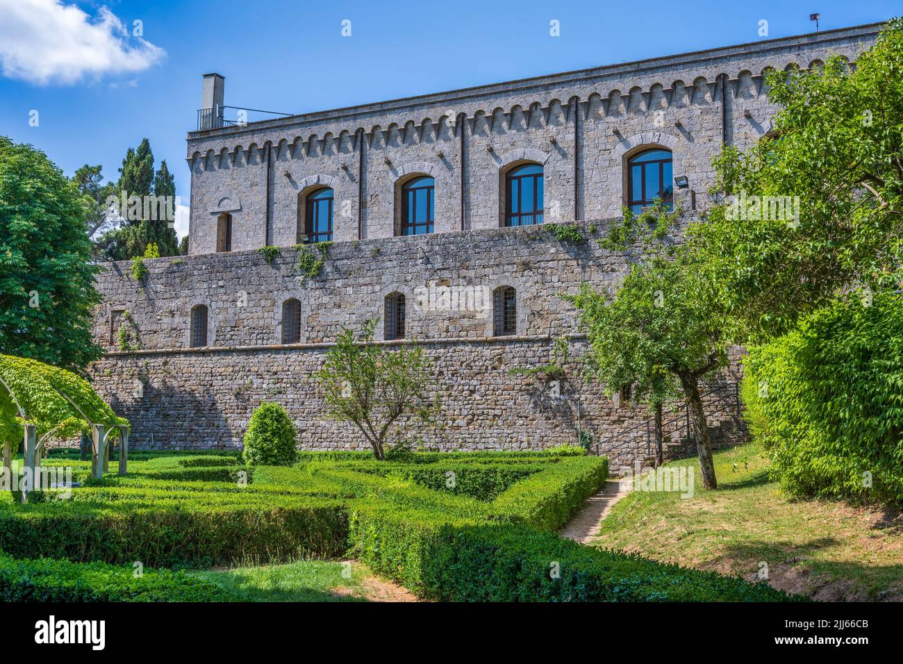View of the Medici Fortress (Fortezza Medicea) from the public garden in the hilltop town of Montepulciano in Tuscany, Italy Stock Photo