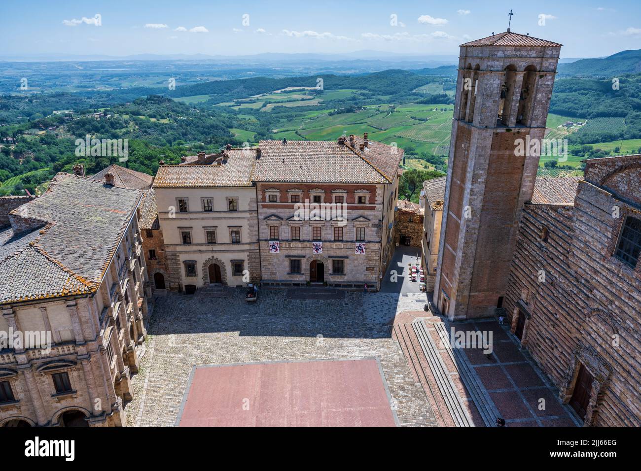 Elevated view of Piazza Grande from the tower of Palazzo Comunale in the hilltop town of Montepulciano in Tuscany, Italy Stock Photo