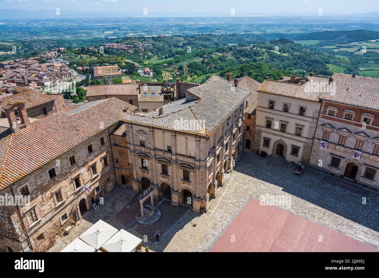 Elevated view of palaces on Piazza Grande from the tower of Palazzo Comunale in the hilltop town of Montepulciano in Tuscany, Italy Stock Photo