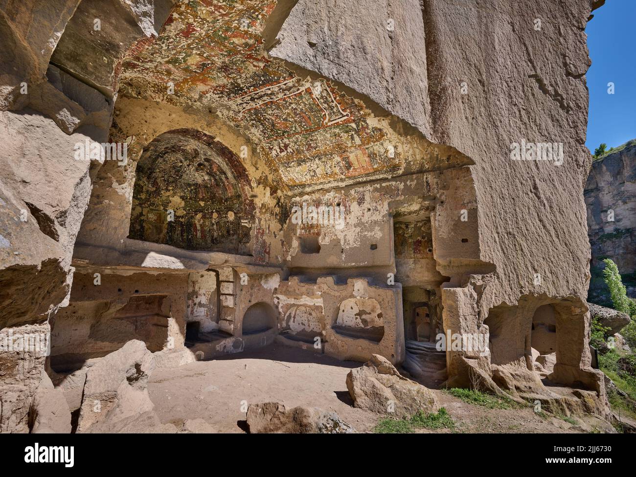 Egritas church with collapsed front wall showing wall paintings, Ihlara valley or Peristrema Valley, Ihlara, Aksaray Province, Guzelyurt, Cappadocia Stock Photo