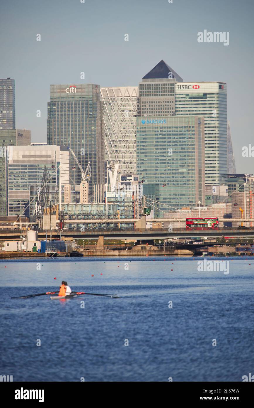 London Royal Albert Dock in Docklands area looking towards the business skyline of Canary Wharf Stock Photo