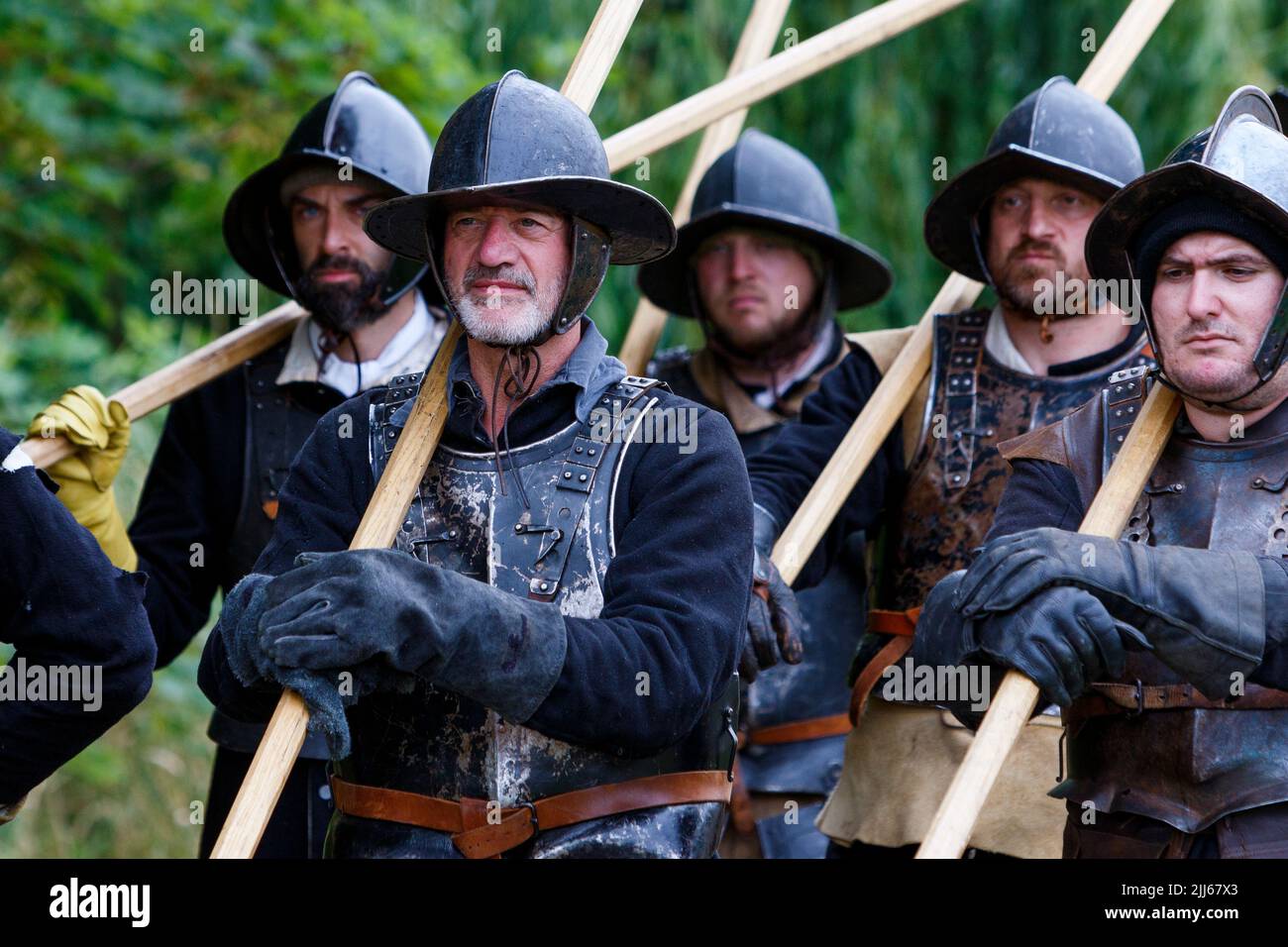 Chippenham, Wiltshire, UK, 23rd July, 2022. English Civil War Society members are photographed in Monkton Park as they take part in the re-enactment of the Battle of Chippenham. The battle for Chippenham took place during the English civil war in 1643. Credit: Lynchpics/Alamy Live News Stock Photo
