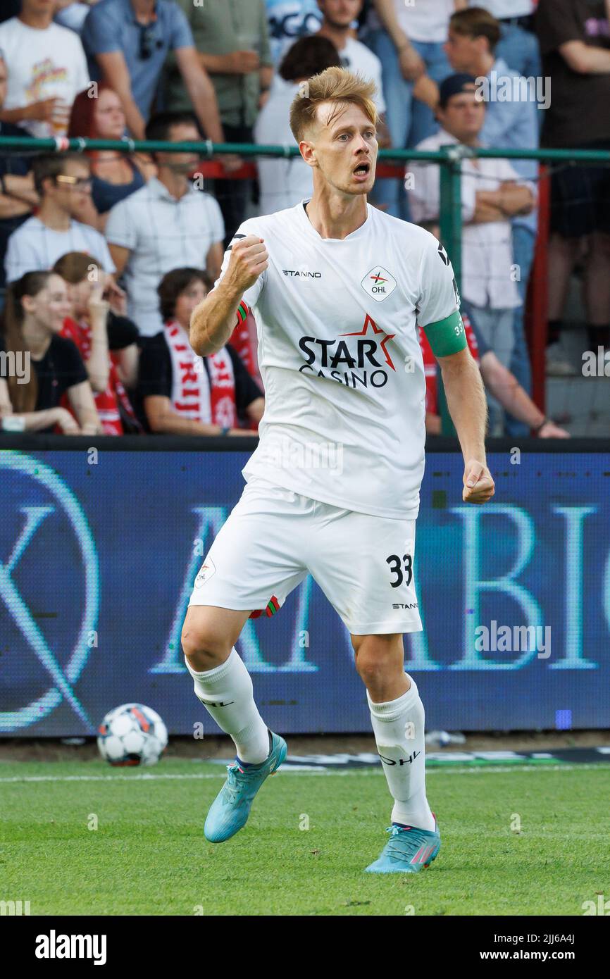OHL's Mathieu Maertens celebrates after scoring during a soccer match
