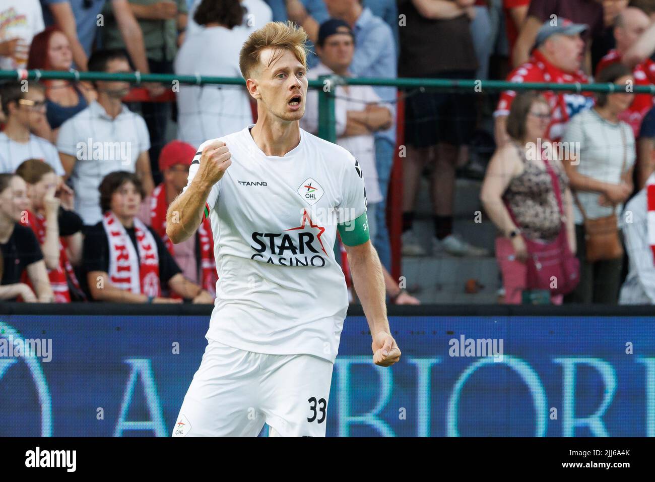 OHL's Mathieu Maertens celebrates after scoring during a soccer match