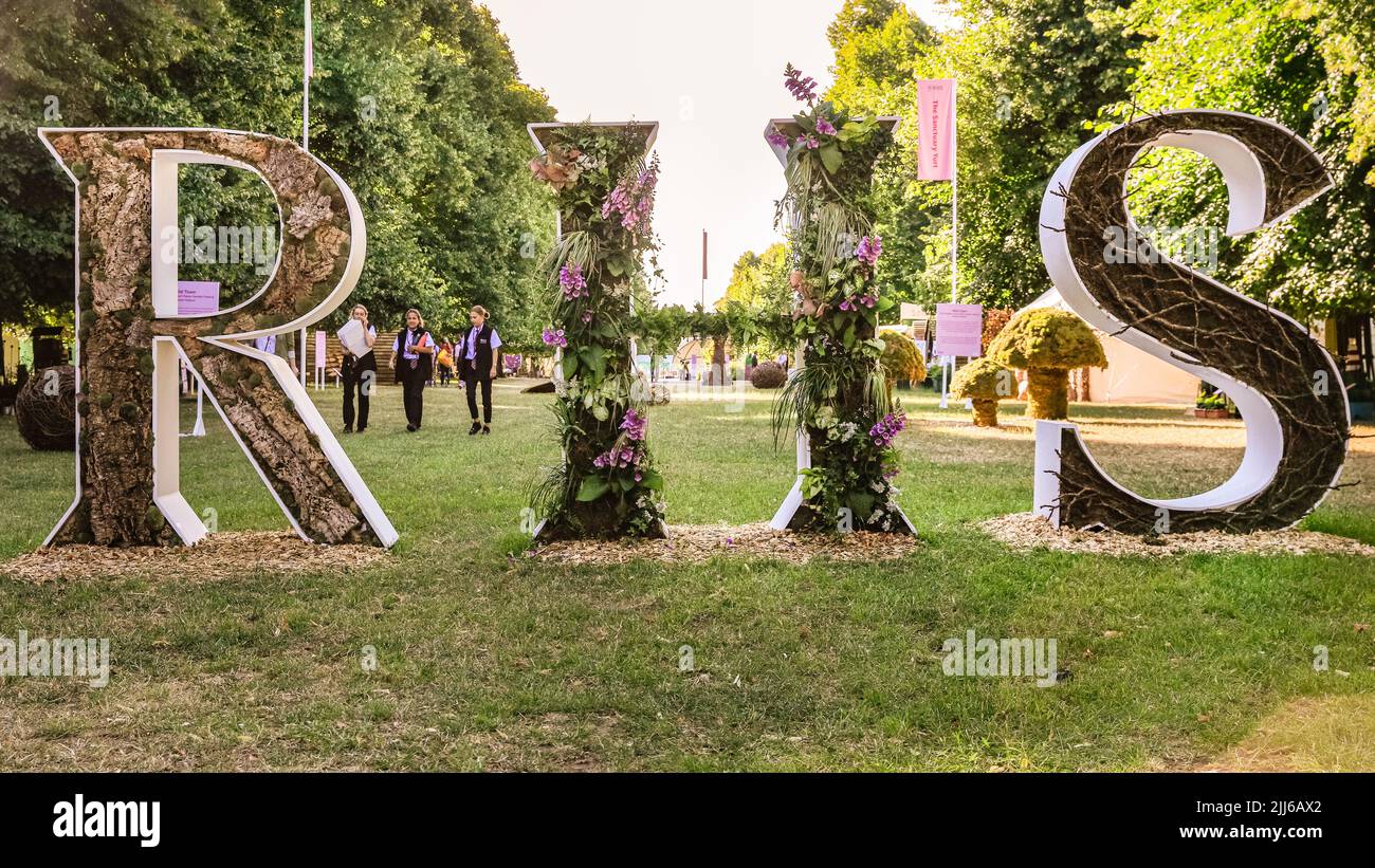 RHS sign, RHS Hampton Court Palace Garden Festival , also The Hampton Court Flower Show, Richmond, UK Stock Photo