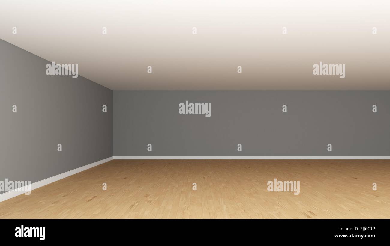 Interior Corner of the Room with Grey Walls, White Ceiling, Wooden Parquet Flooring and a White Plinth. Unfurnished Empty Room Concept, Frontal View. 3D Render, 8K Ultra HD, 7680x4320, 300 dpi Stock Photo