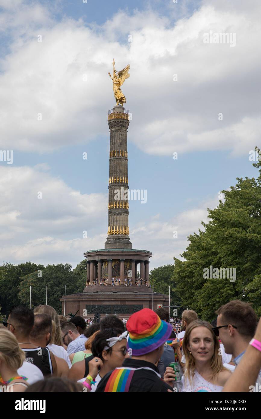 The 44th Berlin Pride Celebration, also known as Christopher Street Day Berlin or CSD Berlin, took place in Berlin on July 23, 2022. It was the first CSD in Berlin without covid restrictions. The parade started at Leipziger Strasse and crossed Potsdamer Platz, Nollendorfplatz, Victory Column and ended at the Brandenburg Gate, where the CSD team installed a big stage. United in love, against hate, war and discrimination, was the motto of the CSD this year. Christopher Street Day is celebrated worldwide. The movement dates back to events in June 1969, when New York police officers stormed a bar Stock Photo