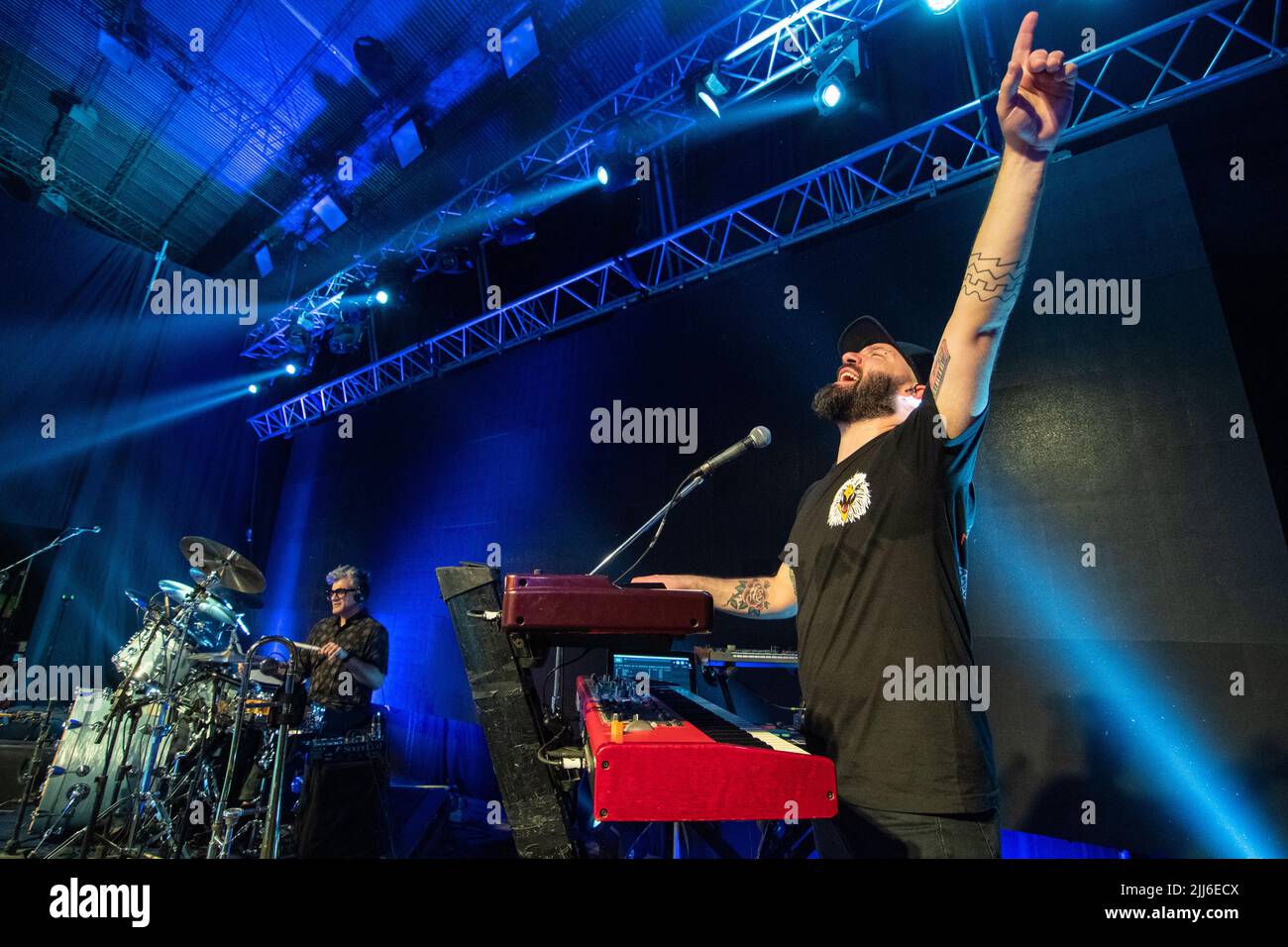 'No te va a gustar' performs for their crowd during a concert in Argentina. Stock Photo