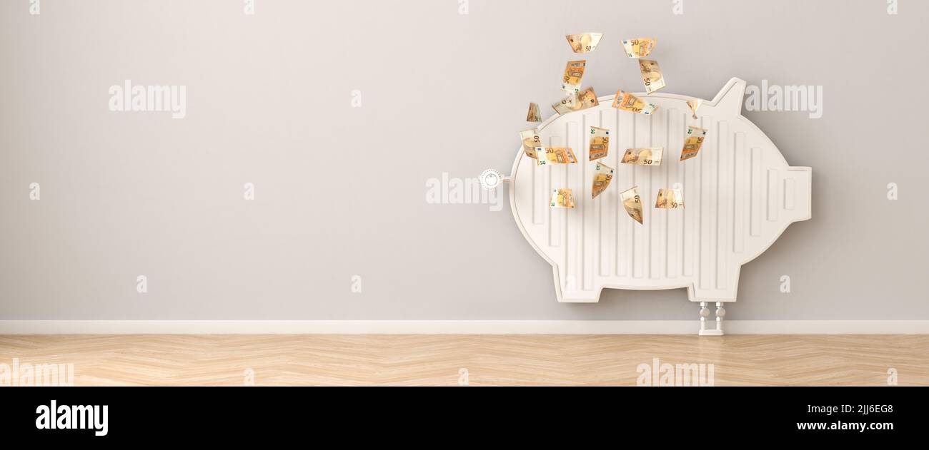 Energy Crisis concept: Saving heating energy by reducing room temperatur.  A radiator in the form of a piggy bank - 50 Euro banknotes falling down wit Stock Photo