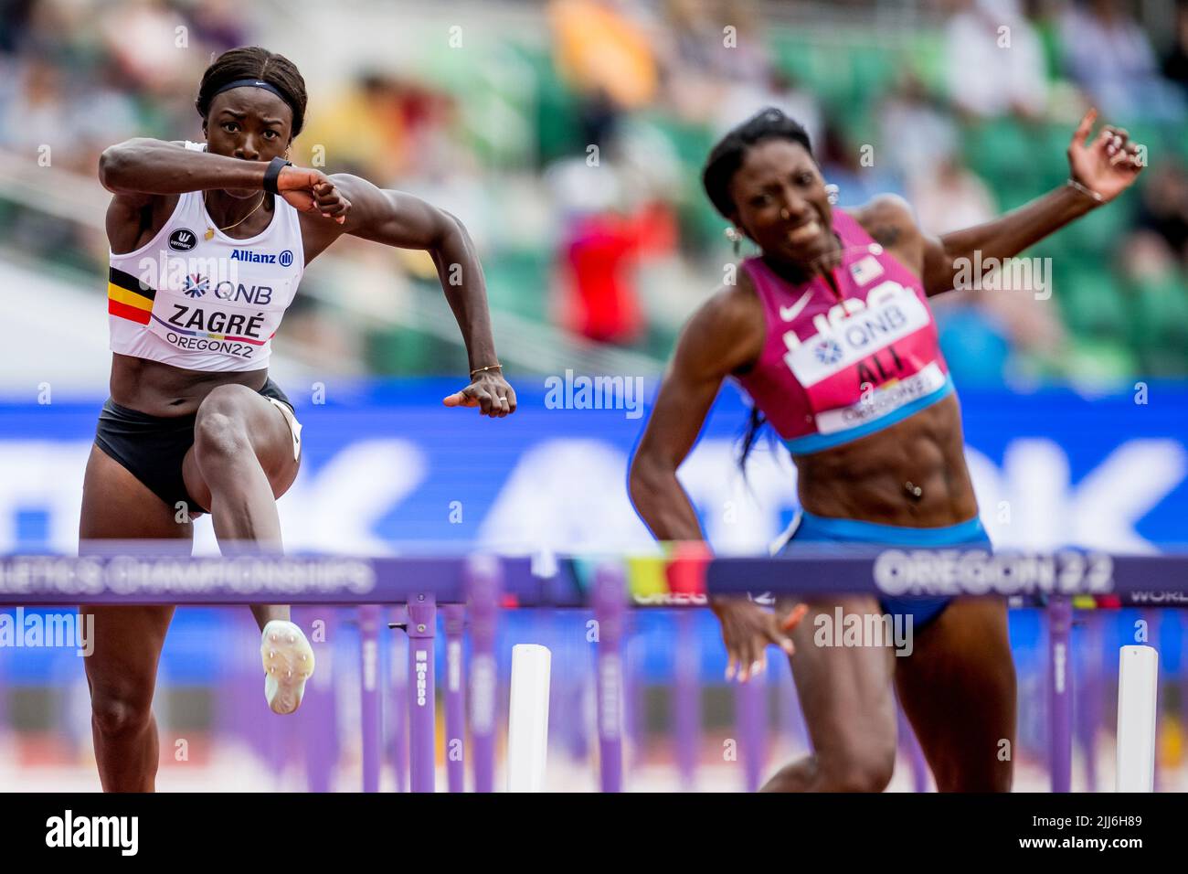 Belgian Anne Zagre And Us Nia Ali Pictured In Action During The Heats Of The Women S 100m Hurdles Race At The 19th Iaaf World Athletics Championships In Eugene Oregon Usa Saturday 23