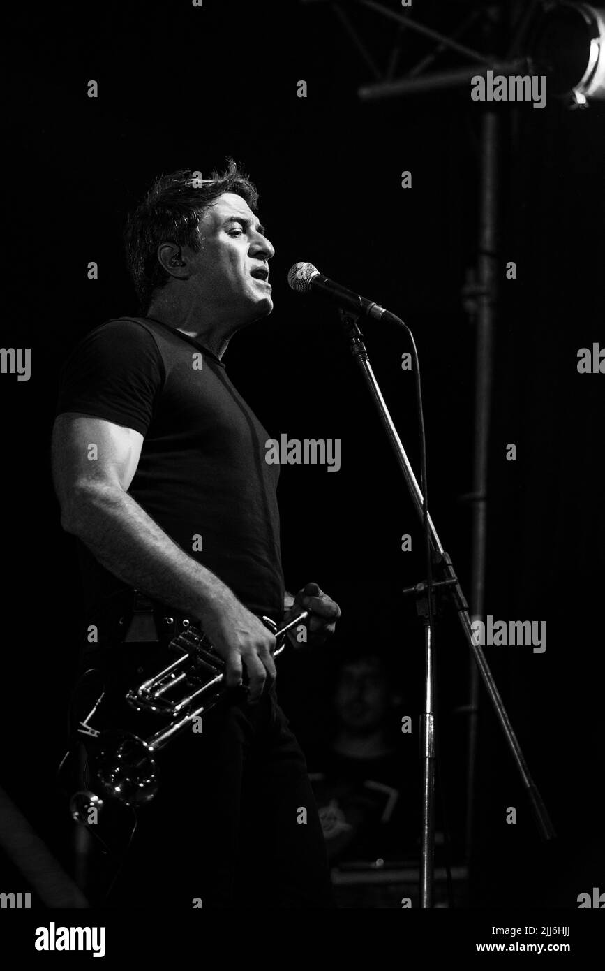 Martin Gil, No Te Va a Gustar trumpeter sing chorus during a concert in Corrientes, Argentina. Stock Photo