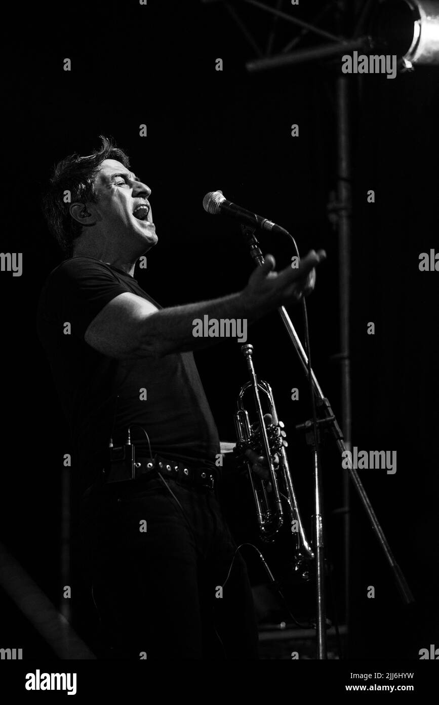 Martin Gil, No Te Va a Gustar trumpeter sing chorus during a concert in Corrientes, Argentina. Stock Photo