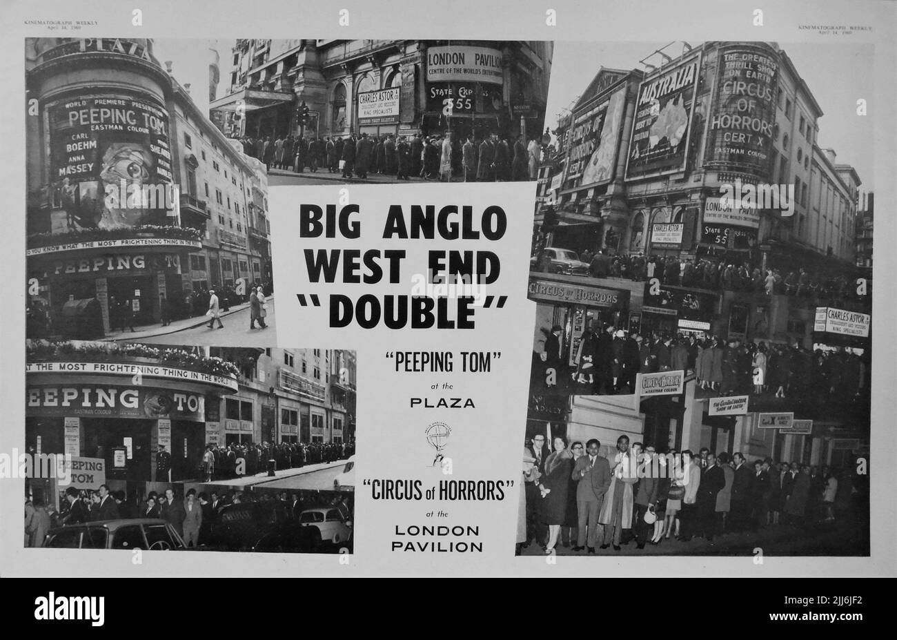 British Trade Ad from April 14th 1960 with London Cinemas showing PEEPING TOM director MICHAEL POWELL at Plaza and CIRCUS OF HORRORS director SIDNEY HAYERS at London Pavilion Anglo-Amalgamated Film Distributors Stock Photo