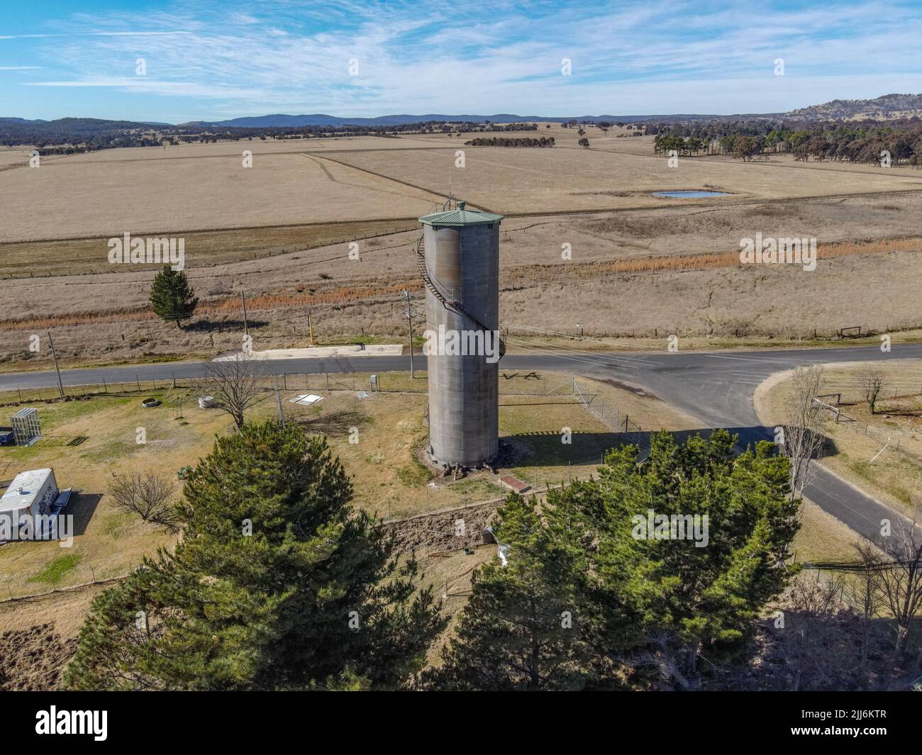 An aerial view of a water tower in the village of Deepwater, New South